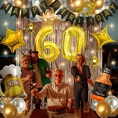 60th Birthday Party Supplies Set With String Light Include Gold Backdrop 40 Inches Number Balloons etc Perfect for Men and Women - Hibrides