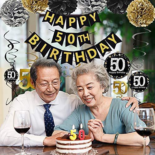 Black & Gold Glittery Happy 50th Birthday Banner - Hibrides