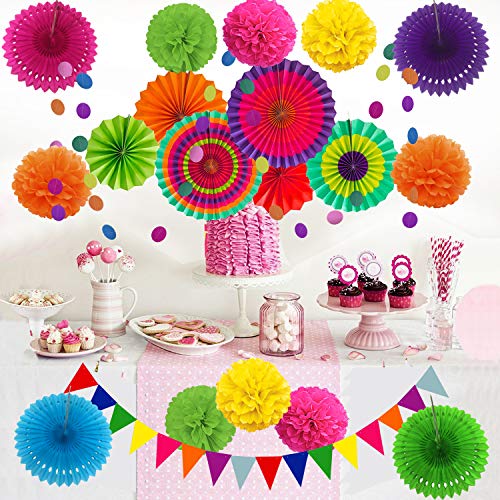 21Pcs Multi-color Hanging Paper Fans, Pom Poms Flowers for Wedding Décor, Fiesta or Mexican Party - Hibrides