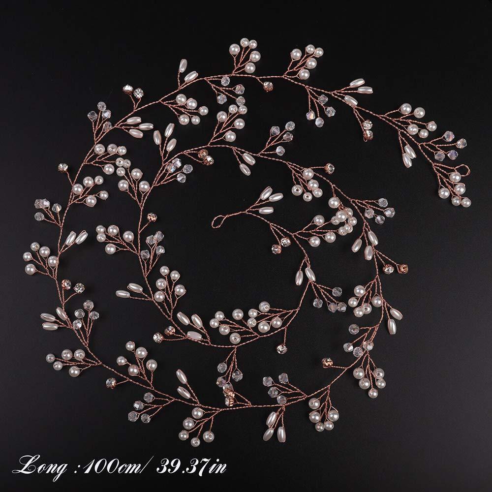 Bridal Rose Gold and Gold Silver Extra Long Pearl and Crystal Beads Bridal Hair Vine Wedding Head Piece Bridal Hair Accessories - Hibrides