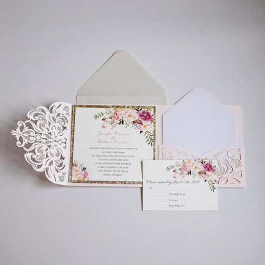 Blush Laser cut Pocketfold Invitation with Floral Design Lace and Glitter LCZ015 - Hibrides