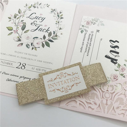 Blush Pink Pocket Laser Cut Wedding Invitations with Gold Glittery Belly Band Lcz076 - Hibrides