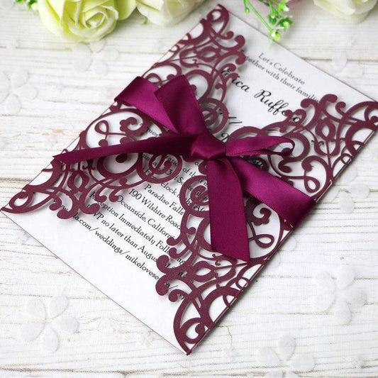 Burgundy Detailed Floral Design Laser Cut Wedding Invitation Cards with Envelopes LCP003 - Hibrides