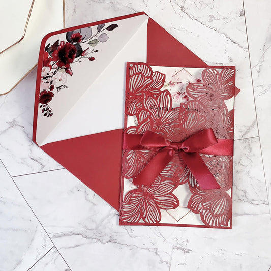 Burgundy Floral Laser Cut Wedding Invitations with Ribbon lcz022 - Hibrides