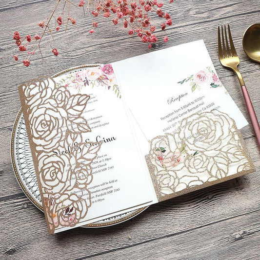 Classic Champagne Gold Glittery Laser Cut Wedding Invitations with Floral Design Lcz078 - Hibrides