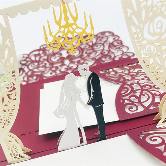 Creative Pop up Burgundy Laser Cut Wedding Invitations with Pockets and Arch Lcz047 - Hibrides