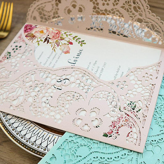 Pink Pocket Laser Cut Wedding Invitations with Carved Pattern Lcz041 - Hibrides