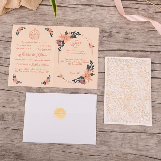 White and Gold Pocket Lace Laser Cut Wedding Invitations with Beads Inlay Lcz093 - Hibrides