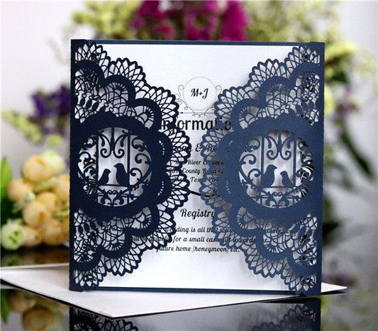 Inexpensive classic Black and white lace laser cut Wedding Invitation LC061 - Hibrides