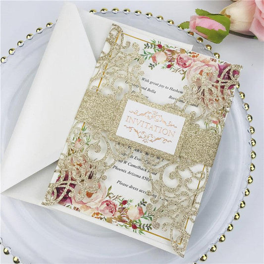 Champagne Gold Glittery Laser Cut Wedding Invitations with Letter Pressed Wording and Belly Band Lcz074 - Hibrides