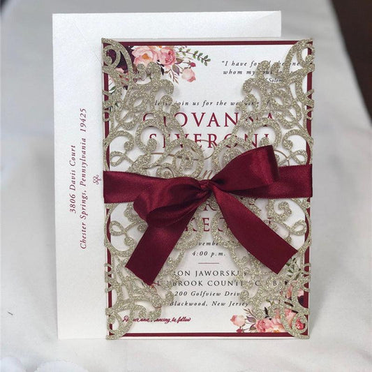 Gold Glittery Laser Cut Wedding Invitations with Burgundy Belly Band and Backer Lcz063 - Hibrides