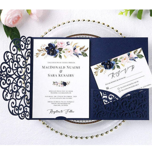 Navy Blue Tri-Fold Laser Cut Wedding Invitation Pocket with Envelopes for Wedding Bridal Shower LCP011 - Hibrides