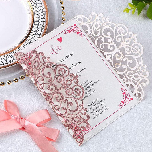 Rose Gold Glitter Laser Cut Wedding Invitation Cards with Envelopes Ribbons LCP013 - Hibrides