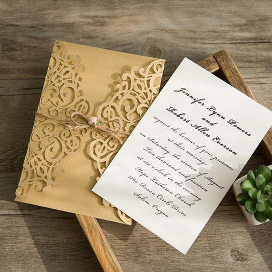 Rustic Kraft Fold Laser Cut Invitations with Flower Accents LCZ004 - Hibrides