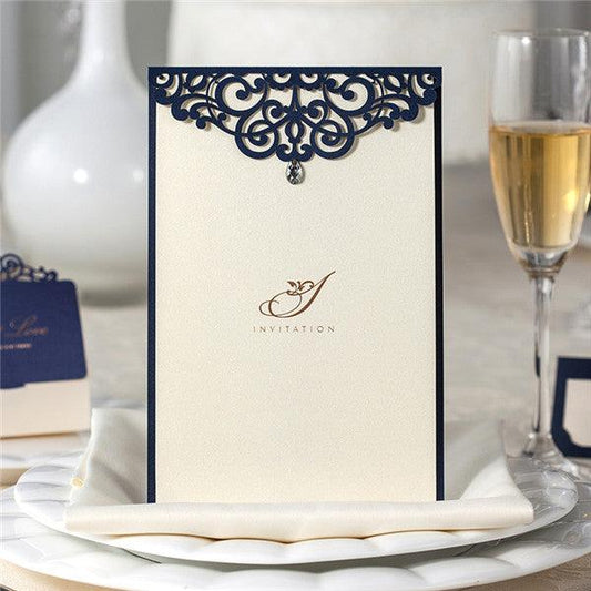 Stylish and navy blue laser cut Wedding Invitation with gem detail LC081 - Hibrides
