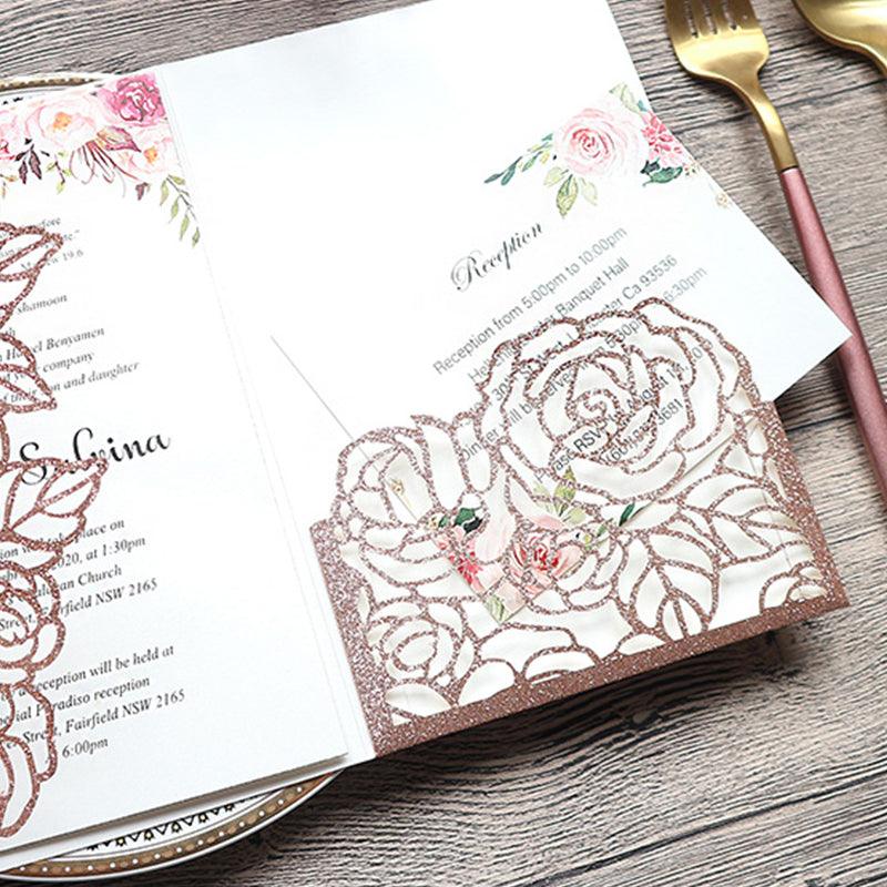 Rose Gold Glittery Laser Cut Wedding Invitations with Floral Design Lcz079 - Hibrides
