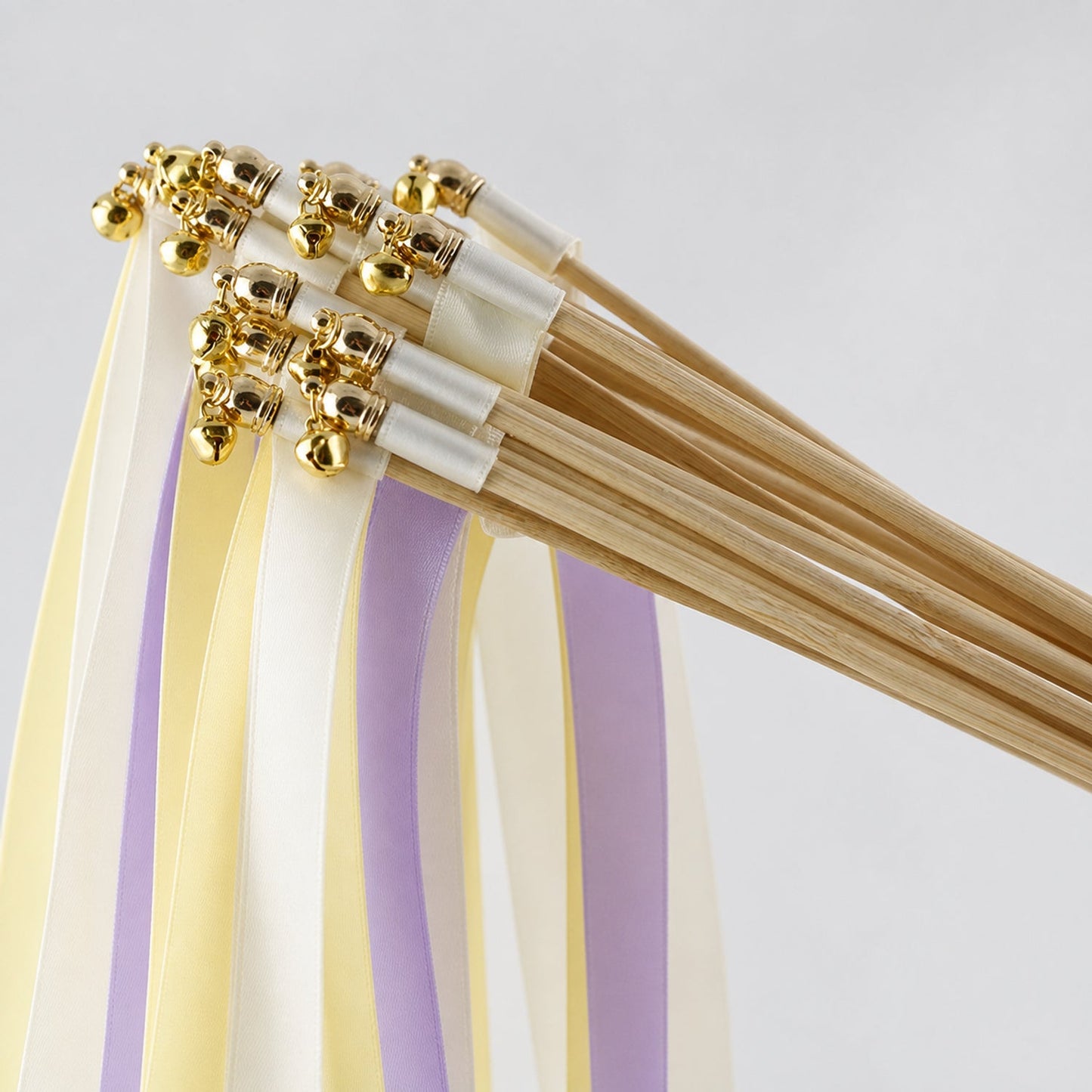 Handmade Buttercream Lavender Garden Wedding Ribbon Wands with Bell - Ivory, Baby Maize and Lilac
