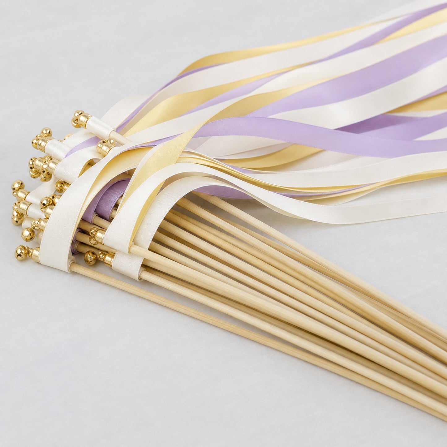 Handmade Buttercream Lavender Garden Wedding Ribbon Wands with Bell - Ivory, Baby Maize and Lilac