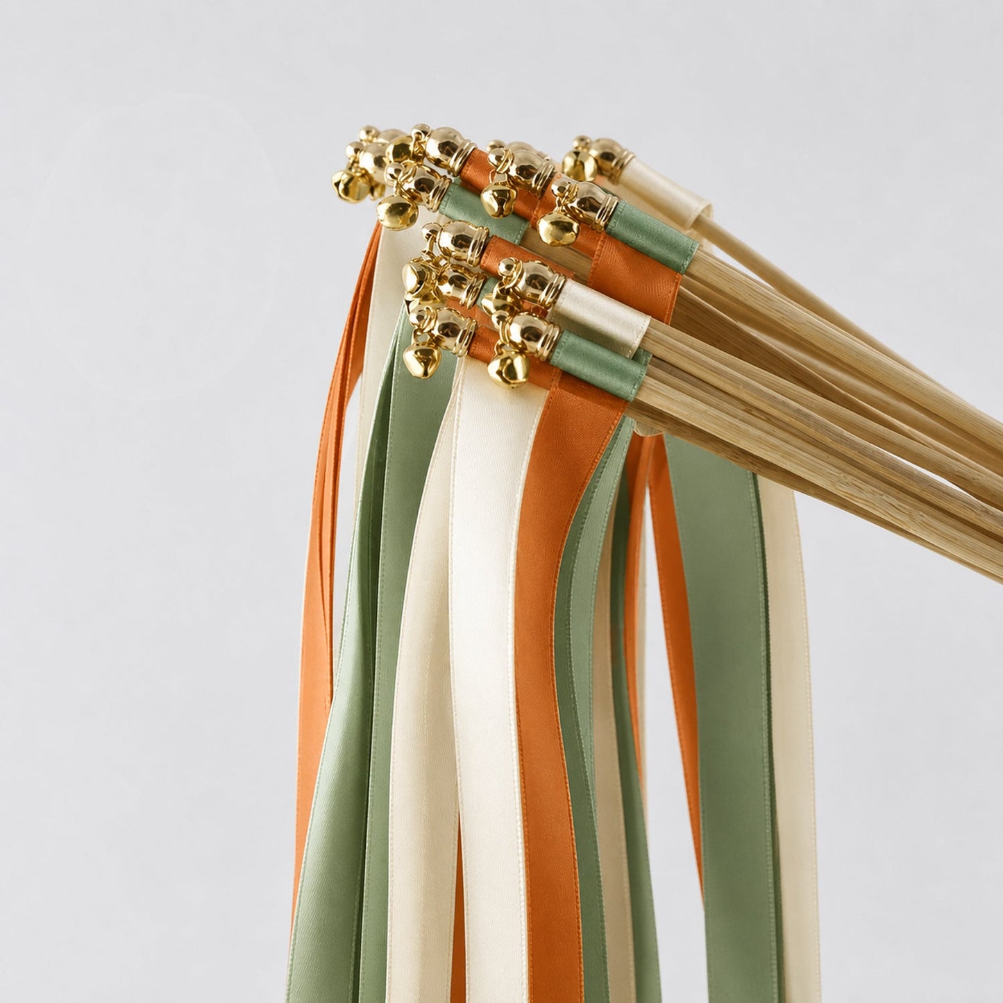 Handmade Citrus Woodland Wedding Ribbon Wands - Ivory, Celadon and Burnt Orange Triple Ribbon with Bell