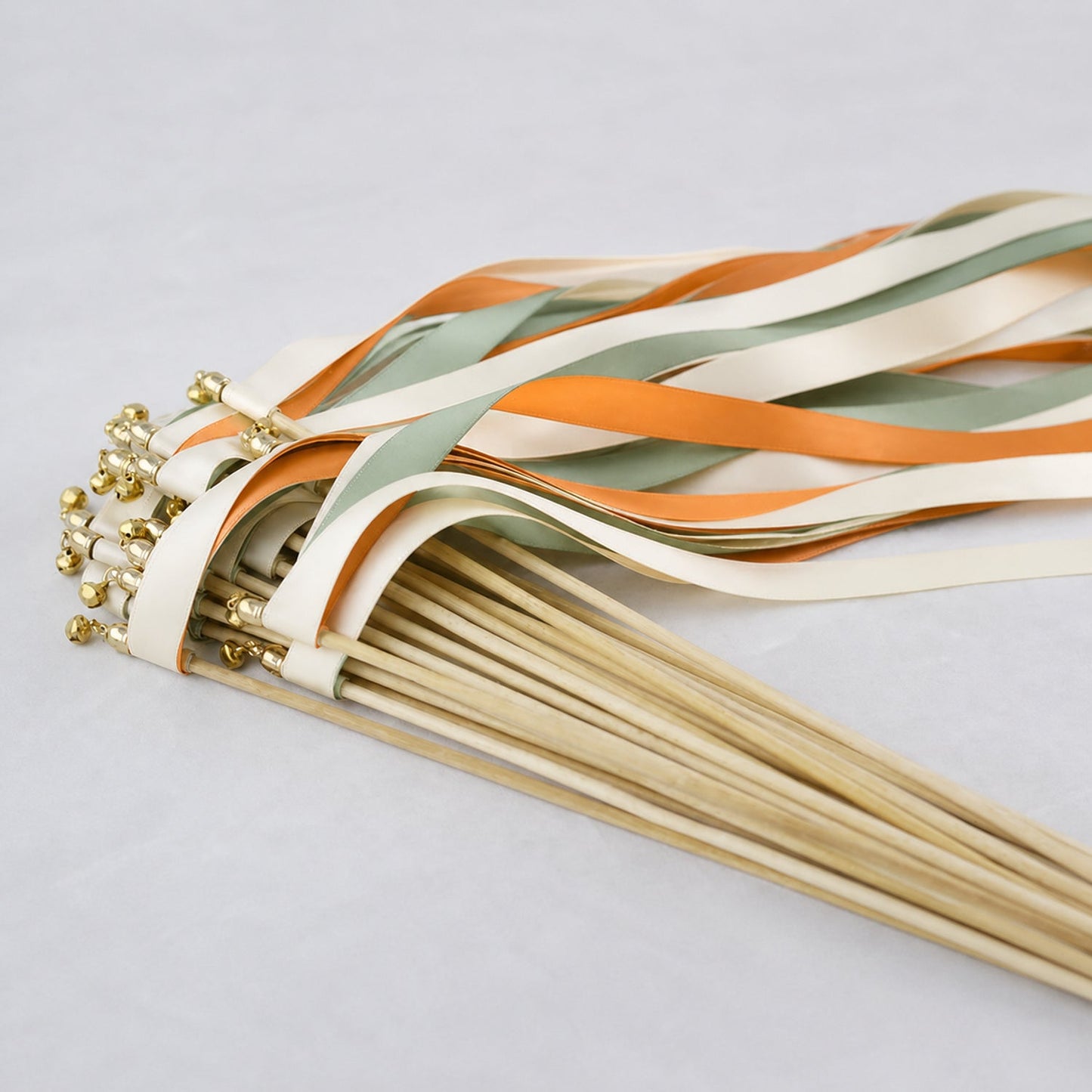 Handmade Citrus Woodland Wedding Ribbon Wands - Ivory, Celadon and Burnt Orange Triple Ribbon with Bell
