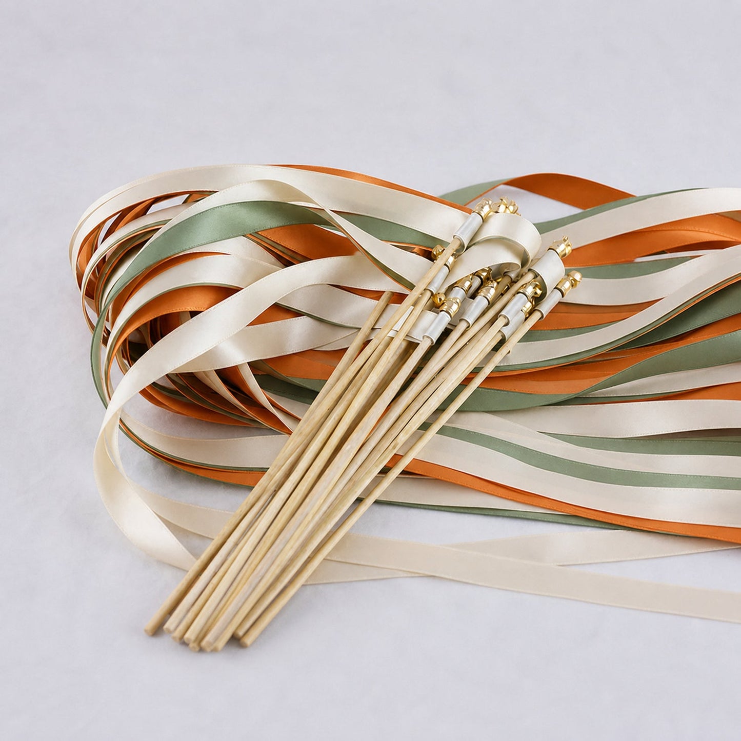 Handmade Citrus Woodland Wedding Ribbon Wands - Ivory, Celadon and Burnt Orange Triple Ribbon with Bell