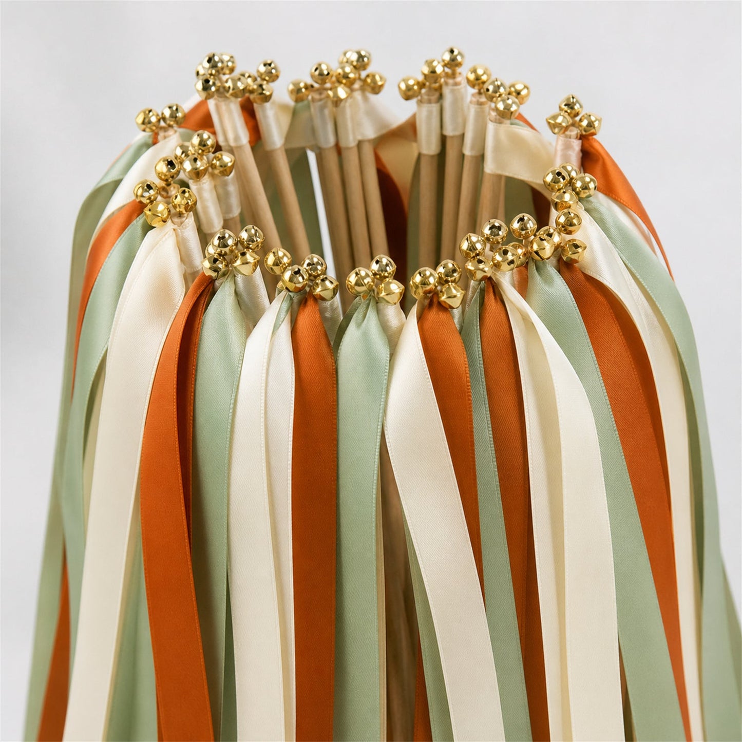 Handmade Citrus Woodland Wedding Ribbon Wands - Ivory, Celadon and Burnt Orange Triple Ribbon with Bell