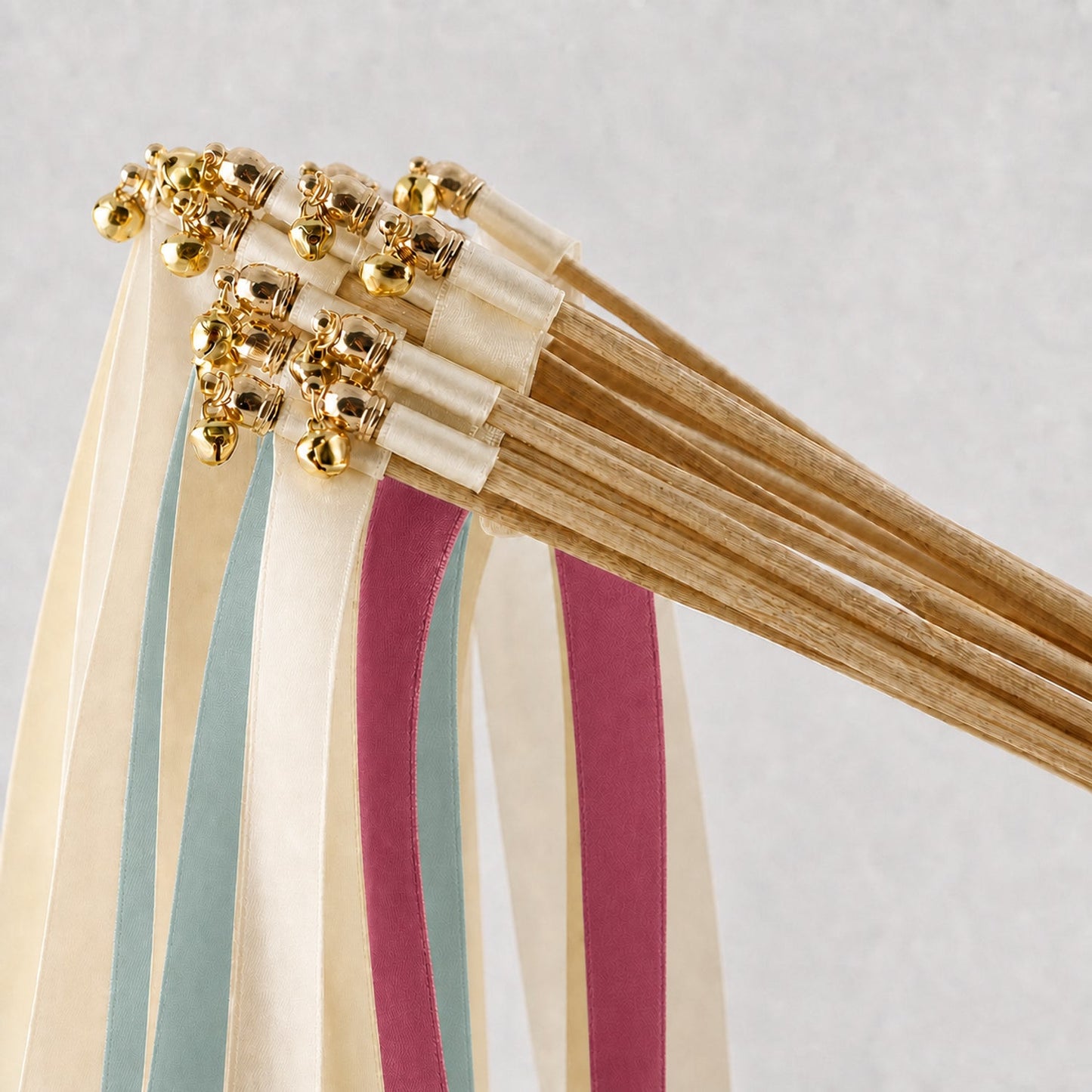 Handmade Romantic Rosewood Garden Wedding Ribbon Wands with Bell - Ivory, Celadon and Rosewood