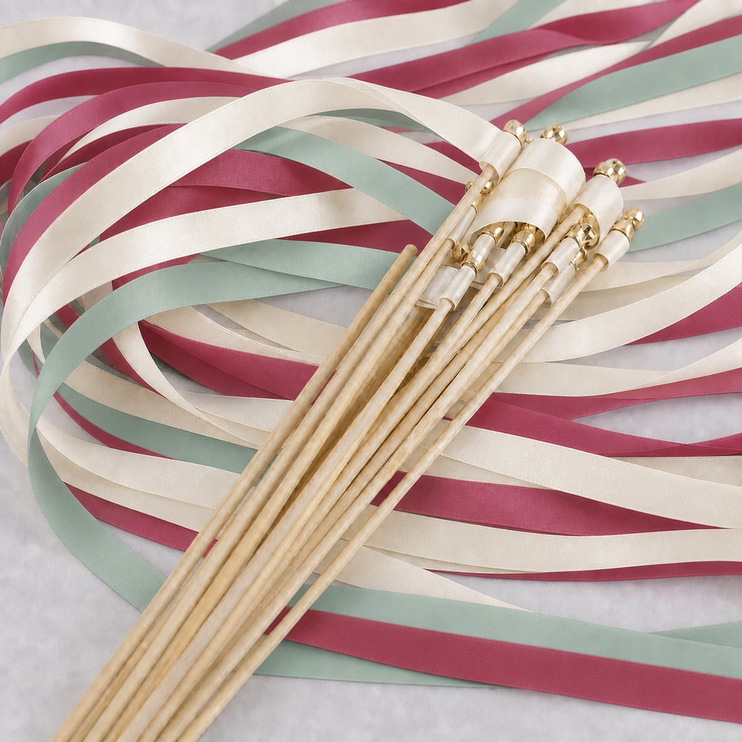 Handmade Romantic Rosewood Garden Wedding Ribbon Wands with Bell - Ivory, Celadon and Rosewood
