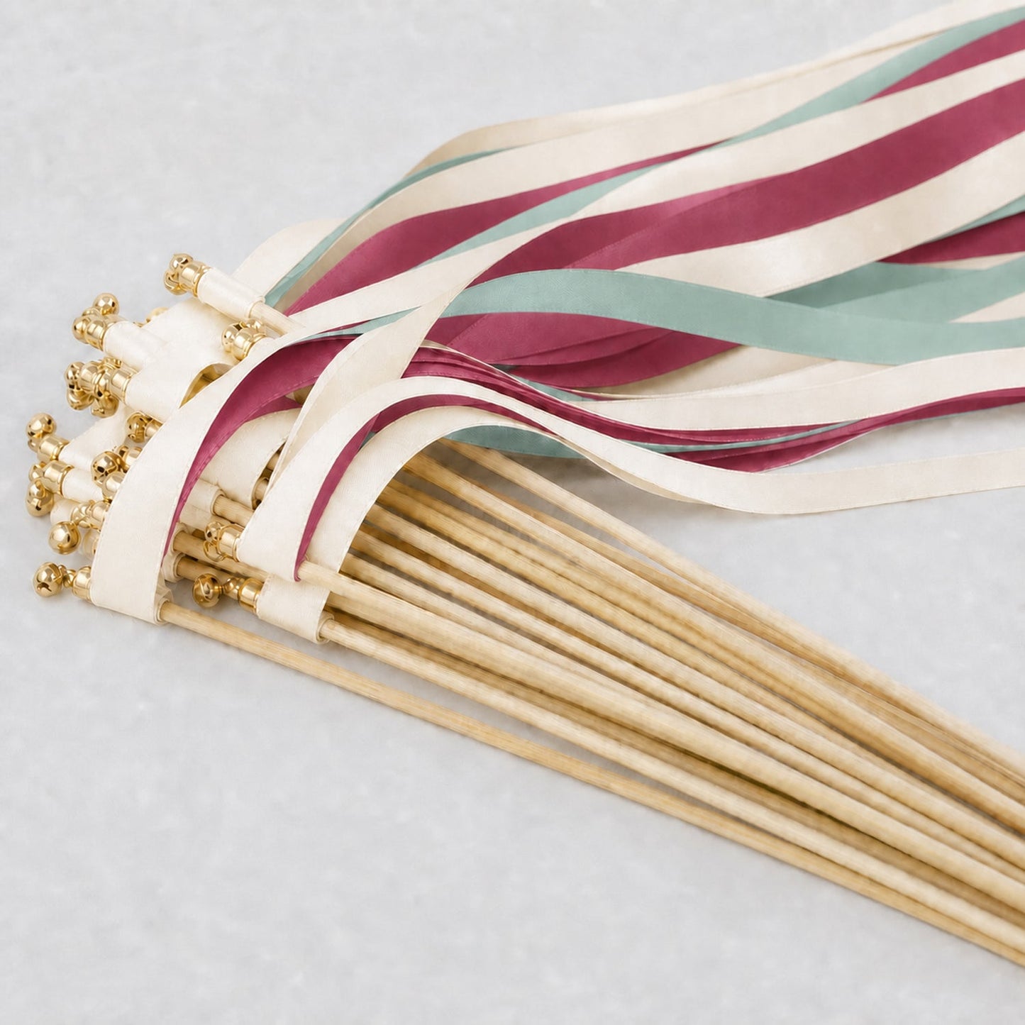 Handmade Romantic Rosewood Garden Wedding Ribbon Wands with Bell - Ivory, Celadon and Rosewood