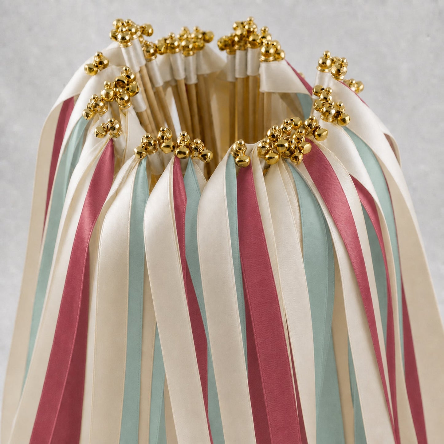 Handmade Romantic Rosewood Garden Wedding Ribbon Wands with Bell - Ivory, Celadon and Rosewood