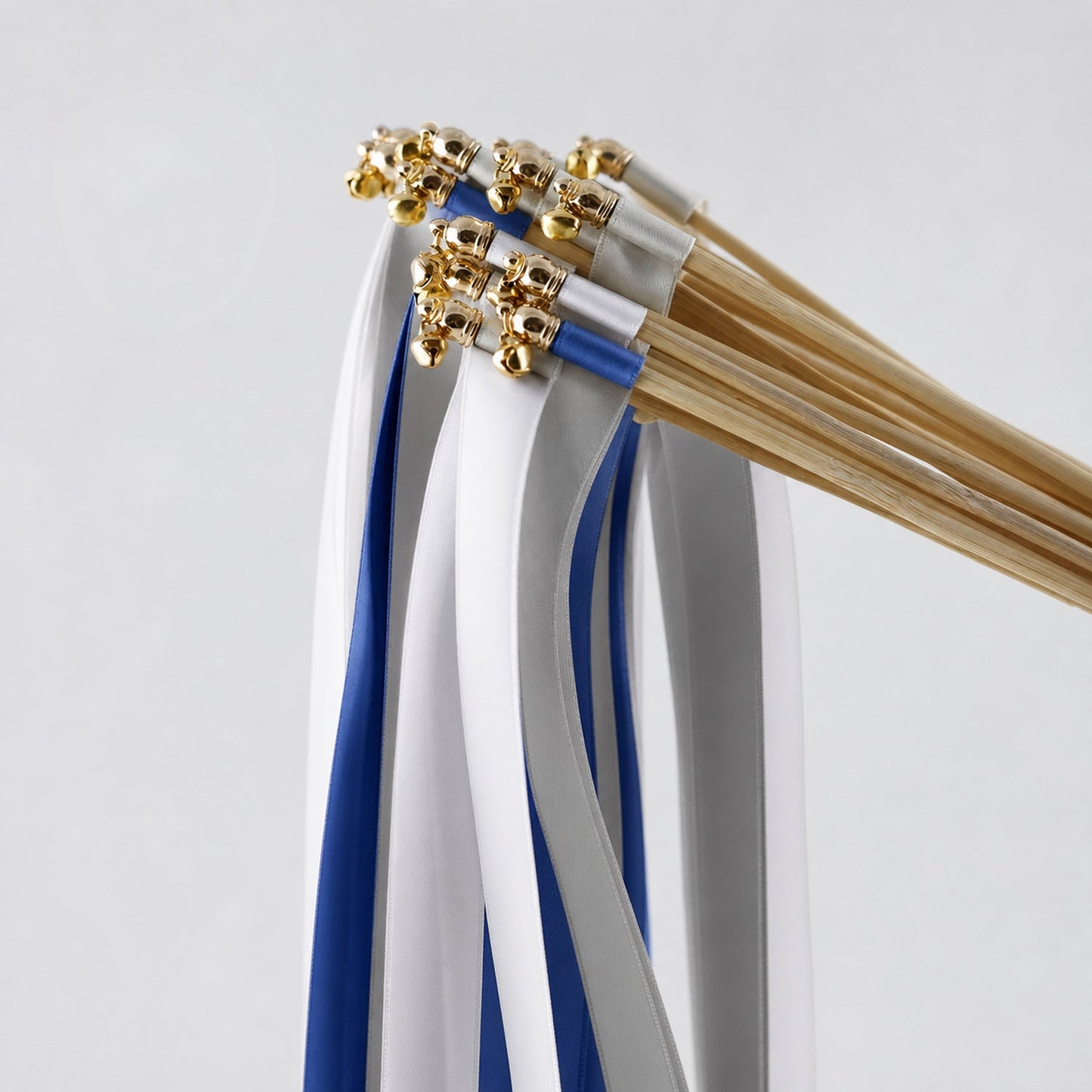 Handmade Modern Cobalt Wedding Ribbon Wands with Bell - White, Cobalt and Shell Gray