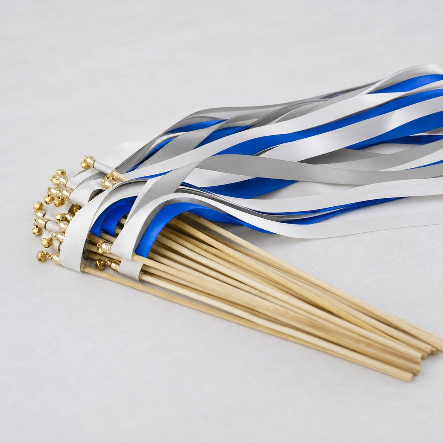 Handmade Modern Cobalt Wedding Ribbon Wands with Bell - White, Cobalt and Shell Gray
