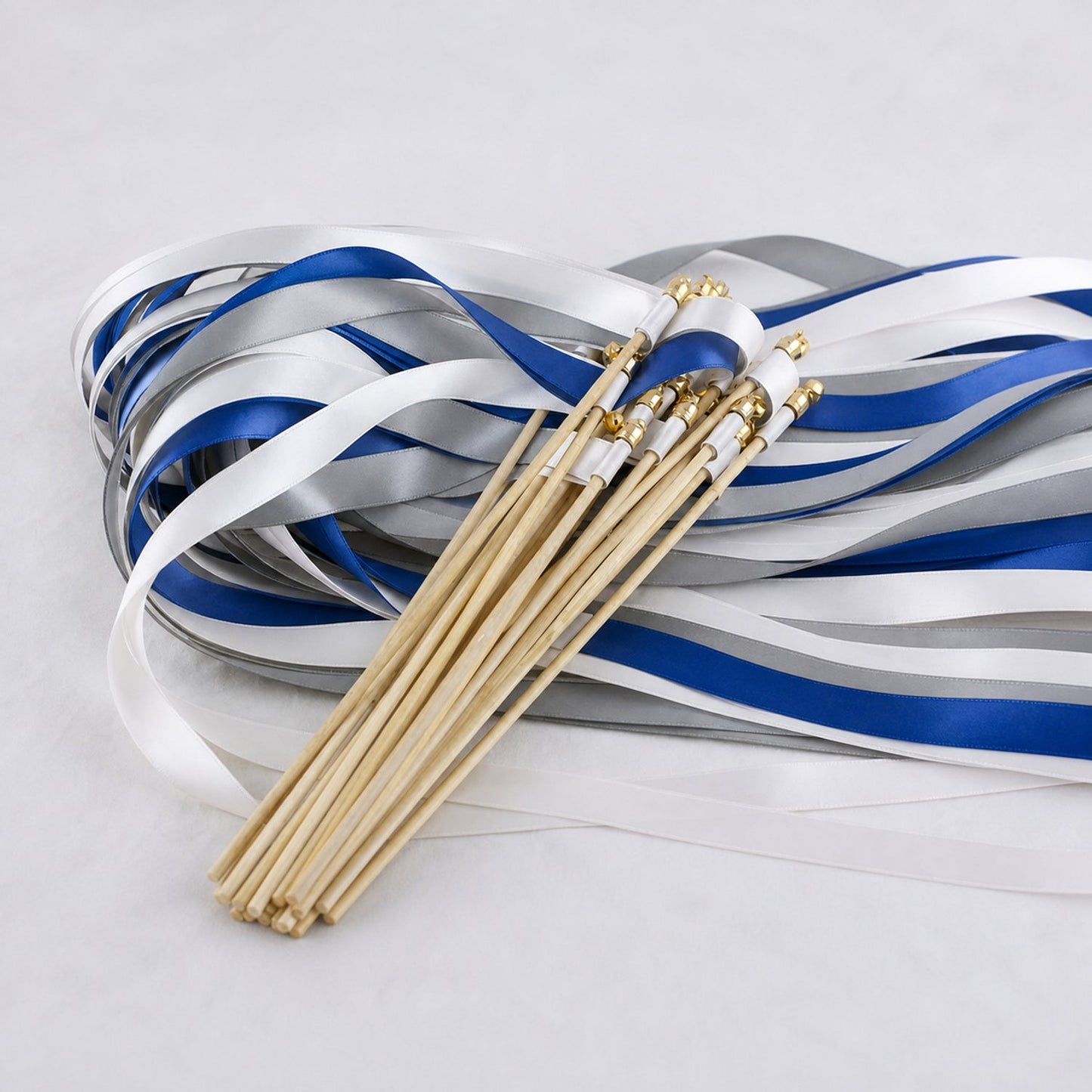 Handmade Modern Cobalt Wedding Ribbon Wands with Bell - White, Cobalt and Shell Gray