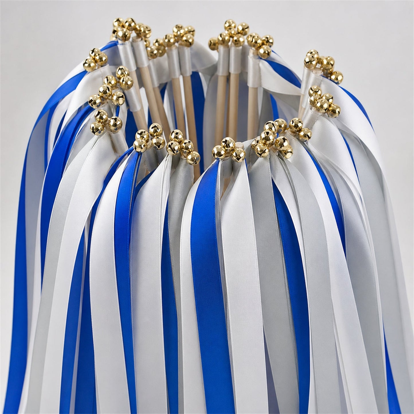 Handmade Modern Cobalt Wedding Ribbon Wands with Bell - White, Cobalt and Shell Gray