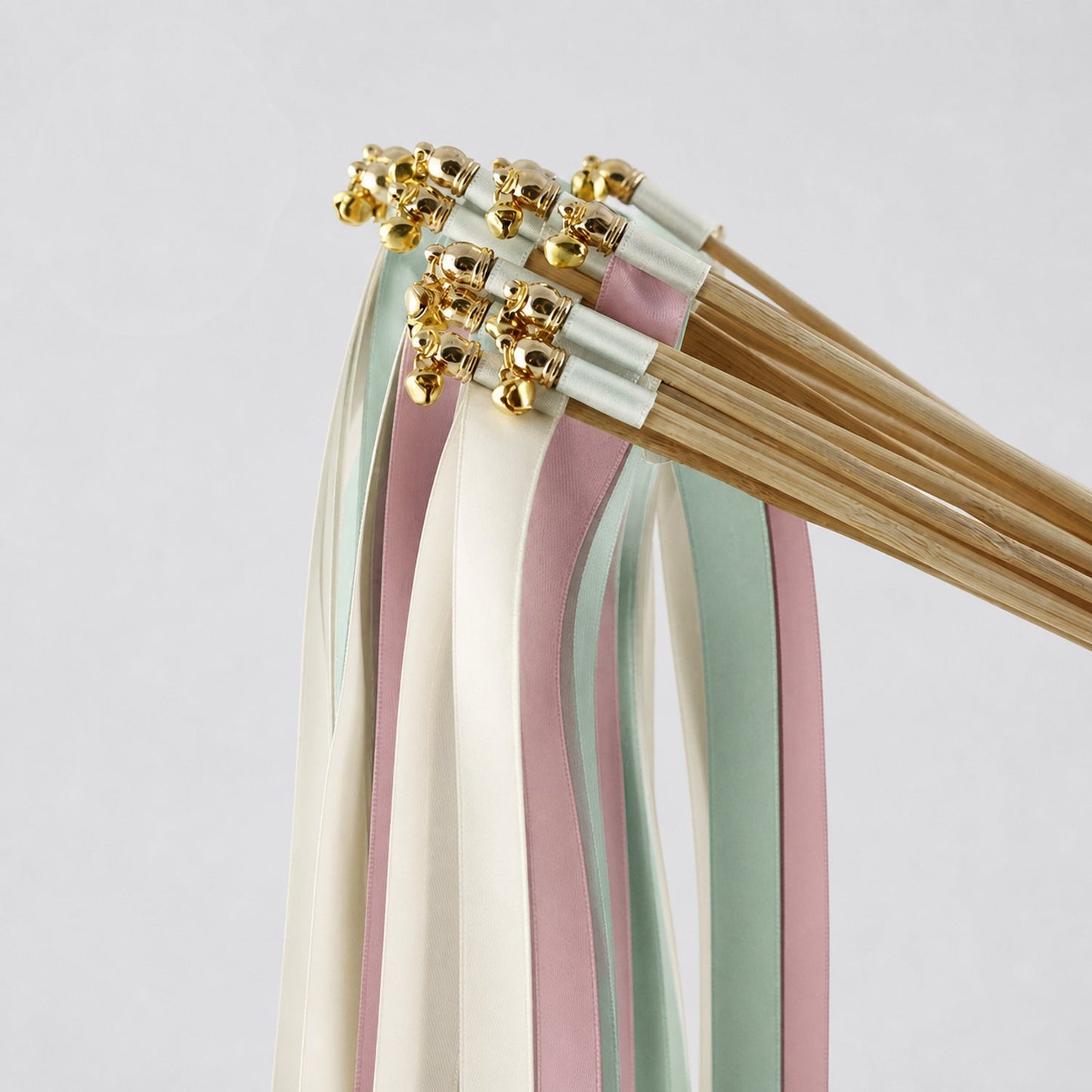 Handmade Off White, Seamist and Rosy Mauve Wedding Exit Ribbon Wands with Bell - Blush Sage Garden