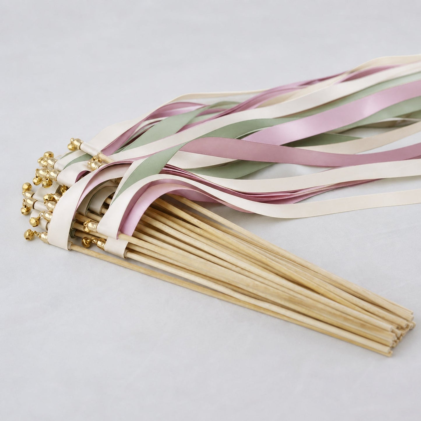 Handmade Off White, Seamist and Rosy Mauve Wedding Exit Ribbon Wands with Bell - Blush Sage Garden