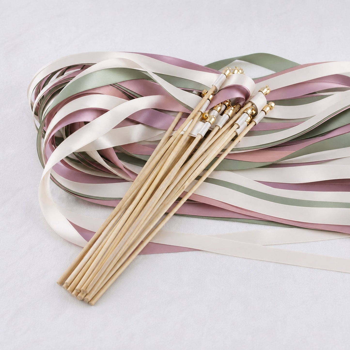 Handmade Off White, Seamist and Rosy Mauve Wedding Exit Ribbon Wands with Bell - Blush Sage Garden