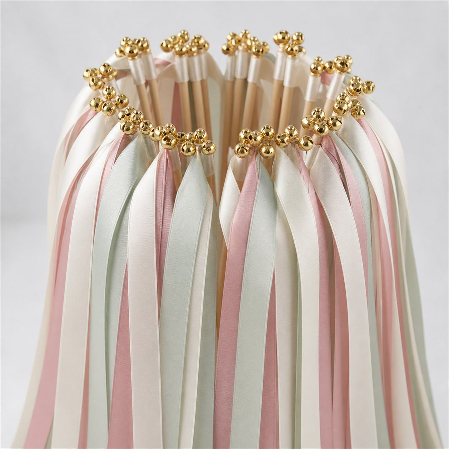 Handmade Off White, Seamist and Rosy Mauve Wedding Exit Ribbon Wands with Bell - Blush Sage Garden