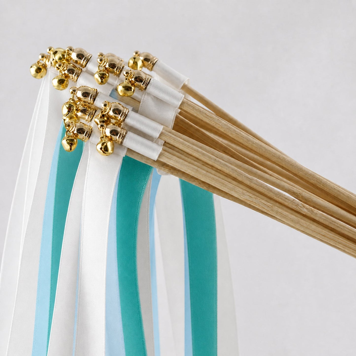 Handmade Modern Garden Wedding Send-Off Wands - White, Light Blue and Jade Satin Ribbons