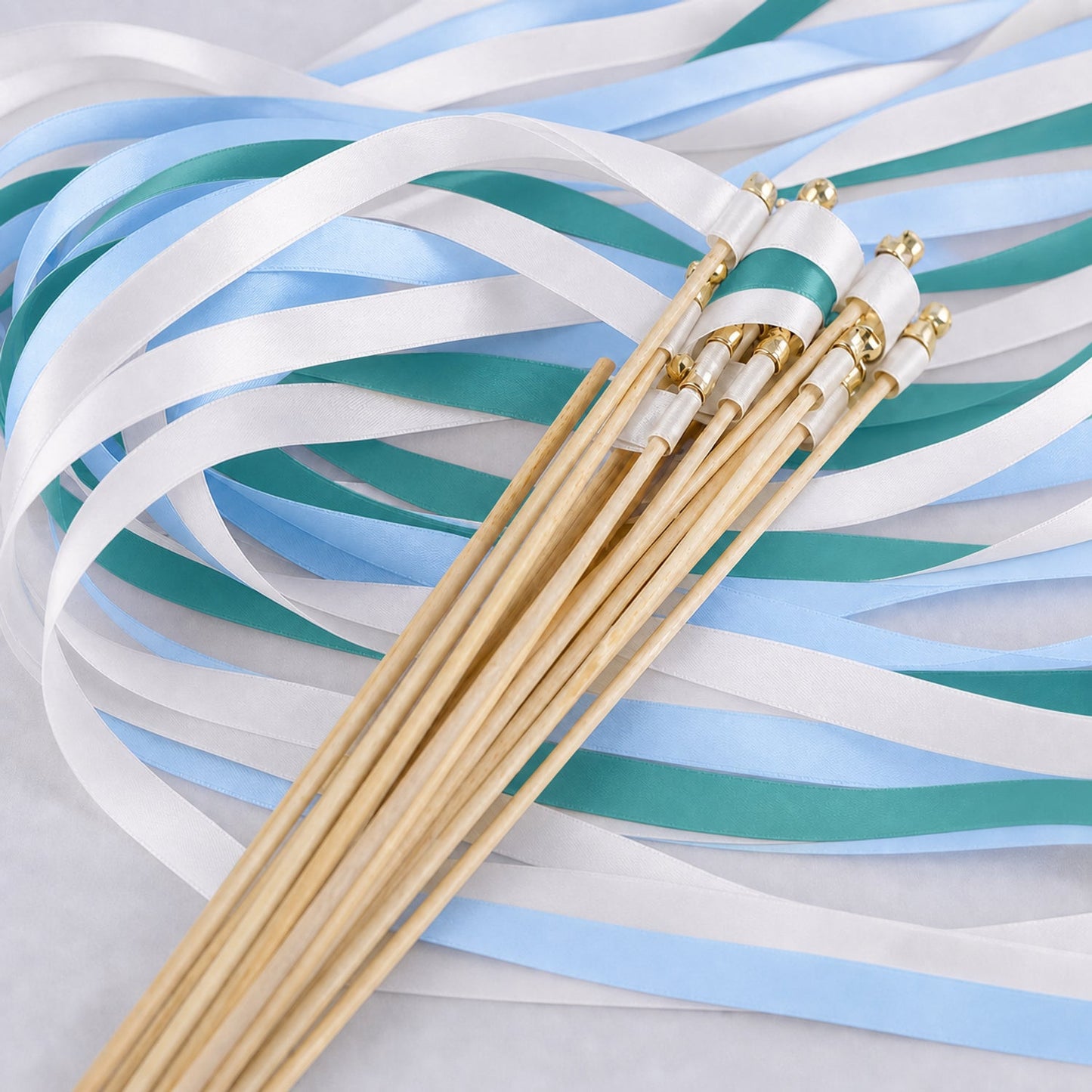 Handmade Modern Garden Wedding Send-Off Wands - White, Light Blue and Jade Satin Ribbons