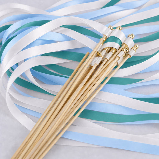 Handmade Modern Garden Wedding Send-Off Wands - White, Light Blue and Jade Satin Ribbons