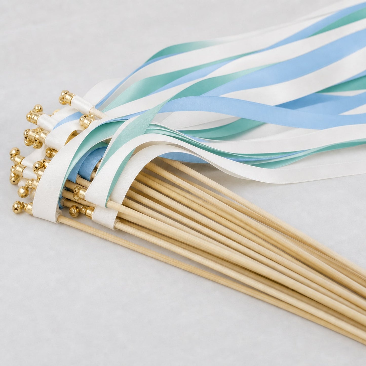 Handmade Modern Garden Wedding Send-Off Wands - White, Light Blue and Jade Satin Ribbons