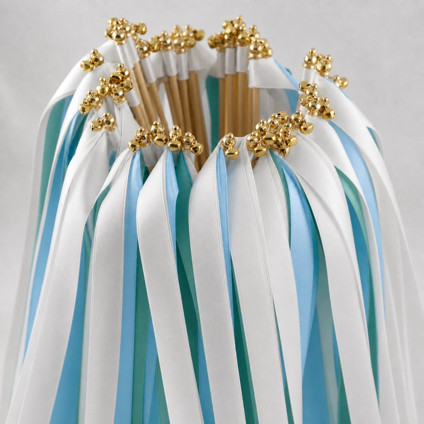 Handmade Modern Garden Wedding Send-Off Wands - White, Light Blue and Jade Satin Ribbons