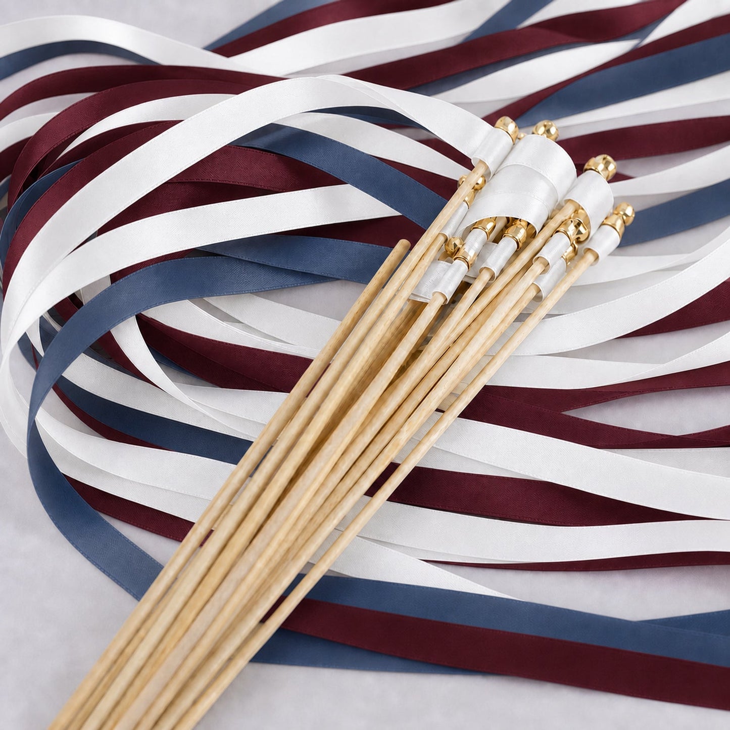 Handmade Moody Manor Wedding Ribbon Wands with Bell - White, Smoke Blue and Burgundy