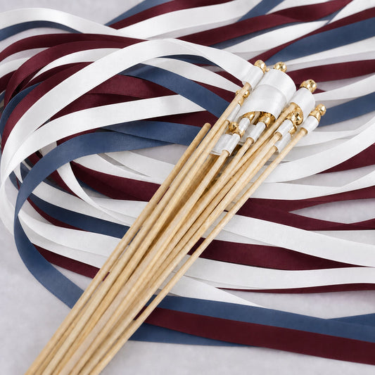 Handmade Moody Manor Wedding Ribbon Wands with Bell - White, Smoke Blue and Burgundy