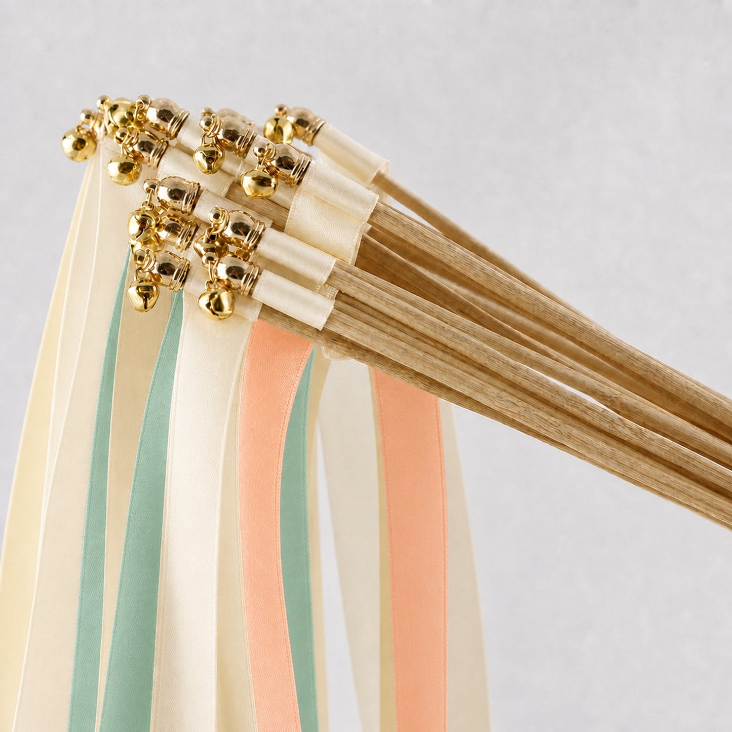 Handmade Peach Seamist Garden Wedding Ribbon Wands - Cream, Seamist and Light Peach with Bell