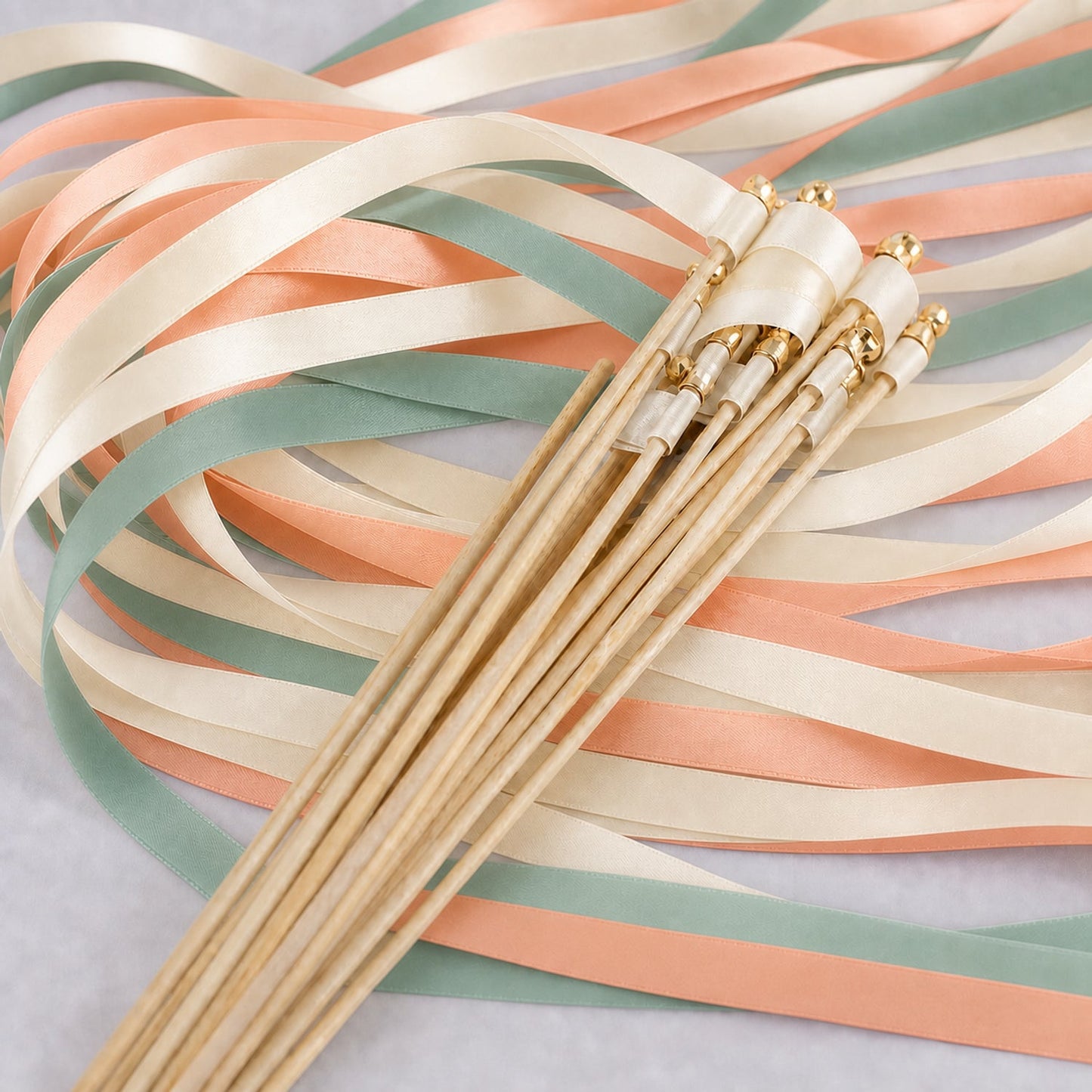 Handmade Peach Seamist Garden Wedding Ribbon Wands - Cream, Seamist and Light Peach with Bell