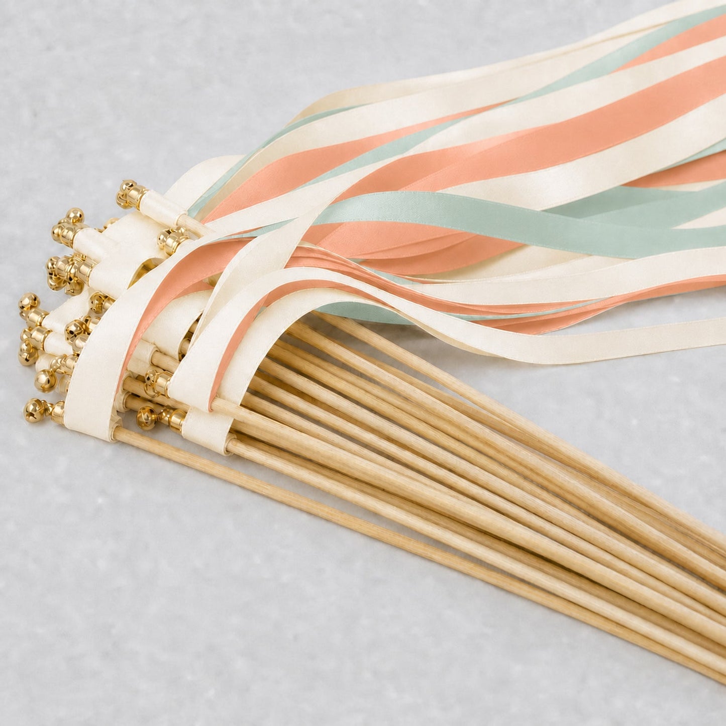 Handmade Peach Seamist Garden Wedding Ribbon Wands - Cream, Seamist and Light Peach with Bell