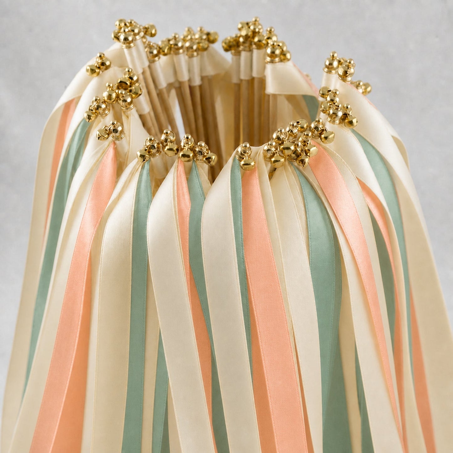 Handmade Peach Seamist Garden Wedding Ribbon Wands - Cream, Seamist and Light Peach with Bell