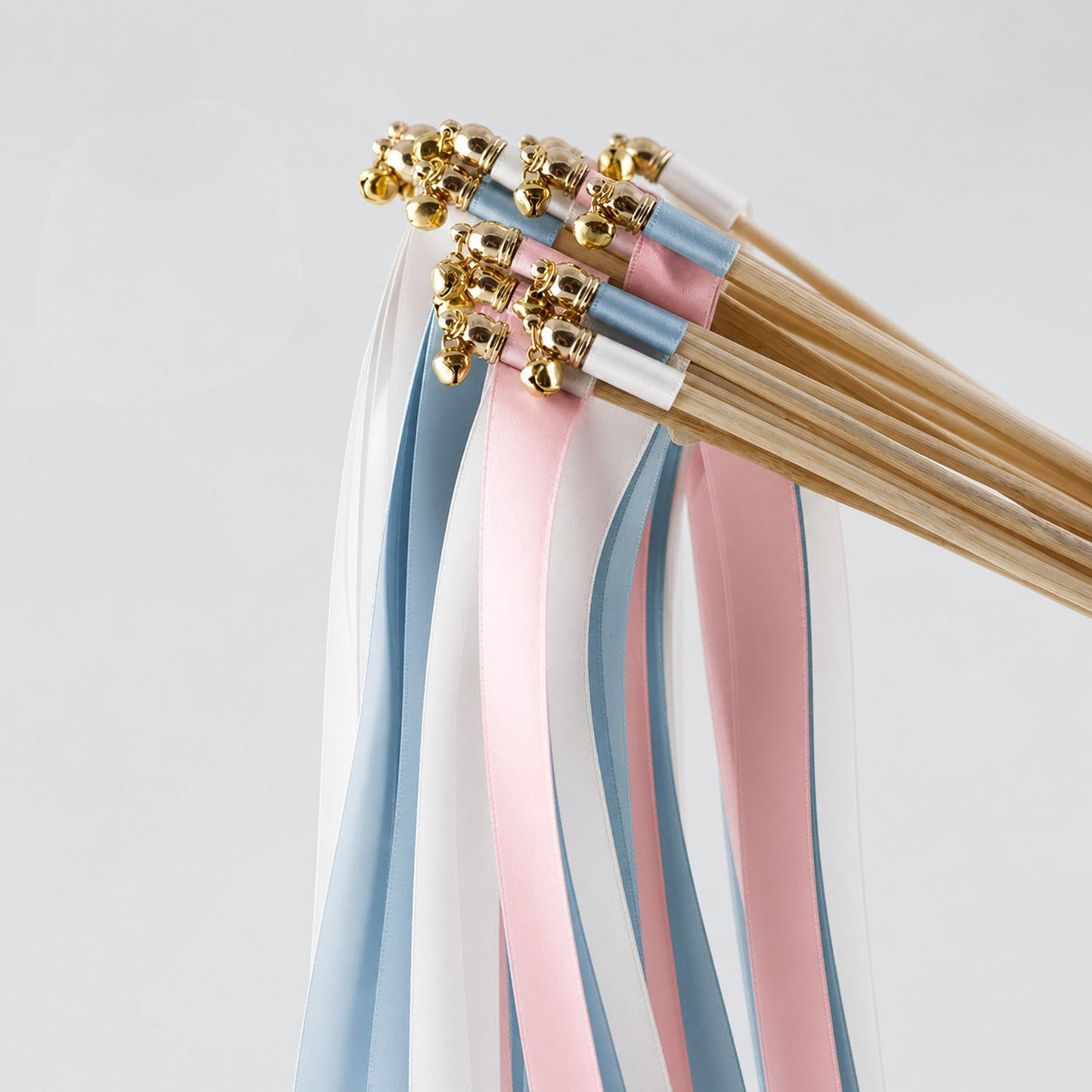 Handmade Something Blue Blush Wedding Ribbon Wands with Bell - White, Dusty Blue and Light Pink